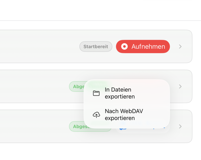 XML Export Menü in Coder Mobile