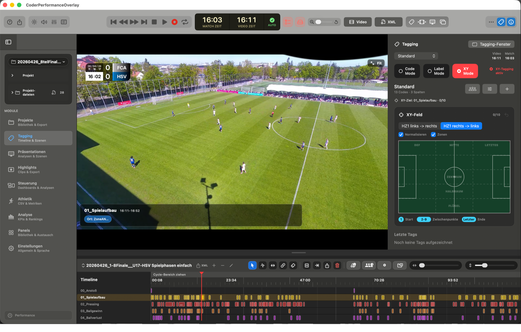 Coder Performance Analysis Software-Screenshot mit Videoplayer, Tagging und Timeline