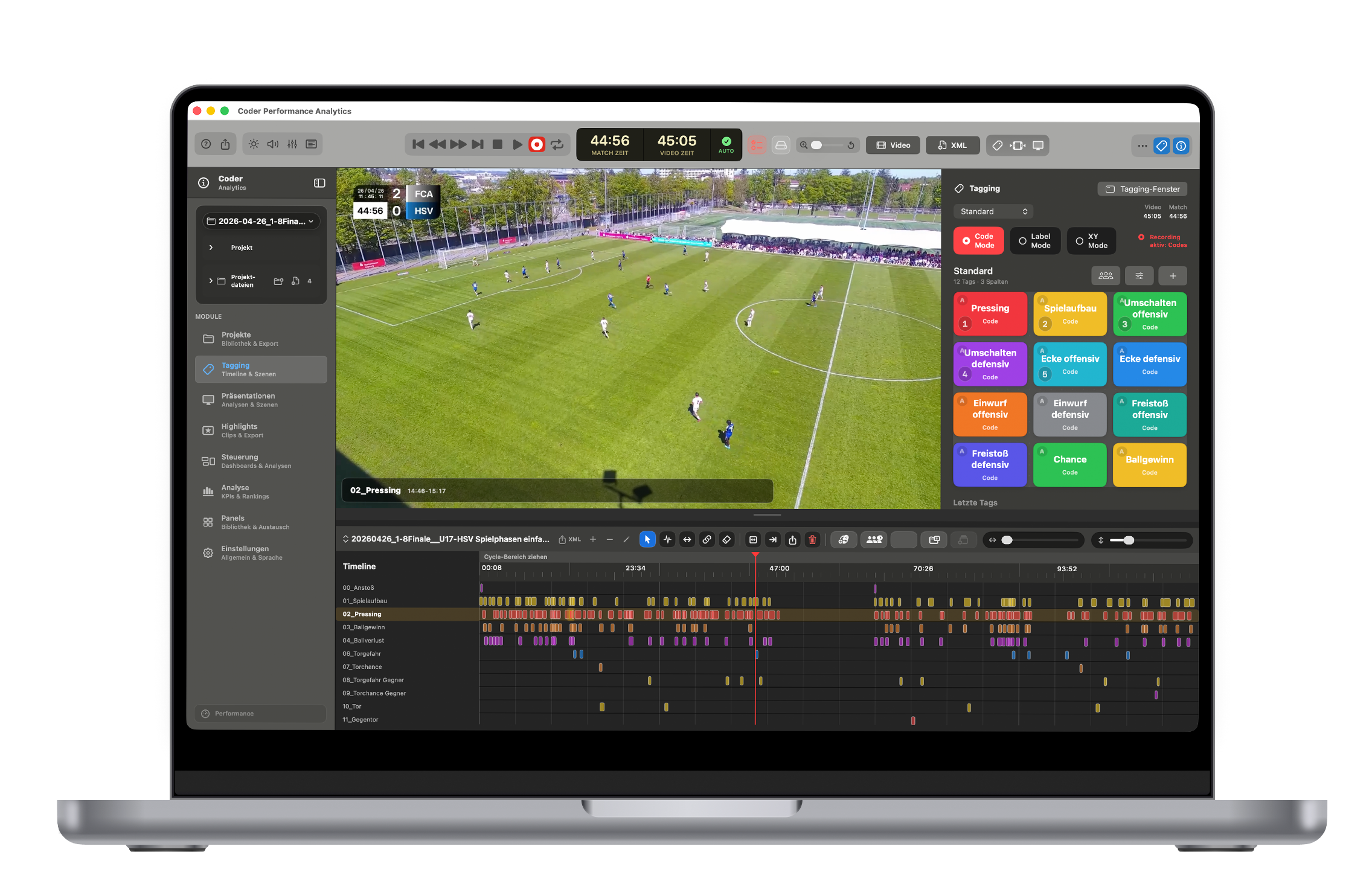 Coder Performance Analysis auf einem MacBook Pro Display mit Videoplayer, Tagging und Timeline