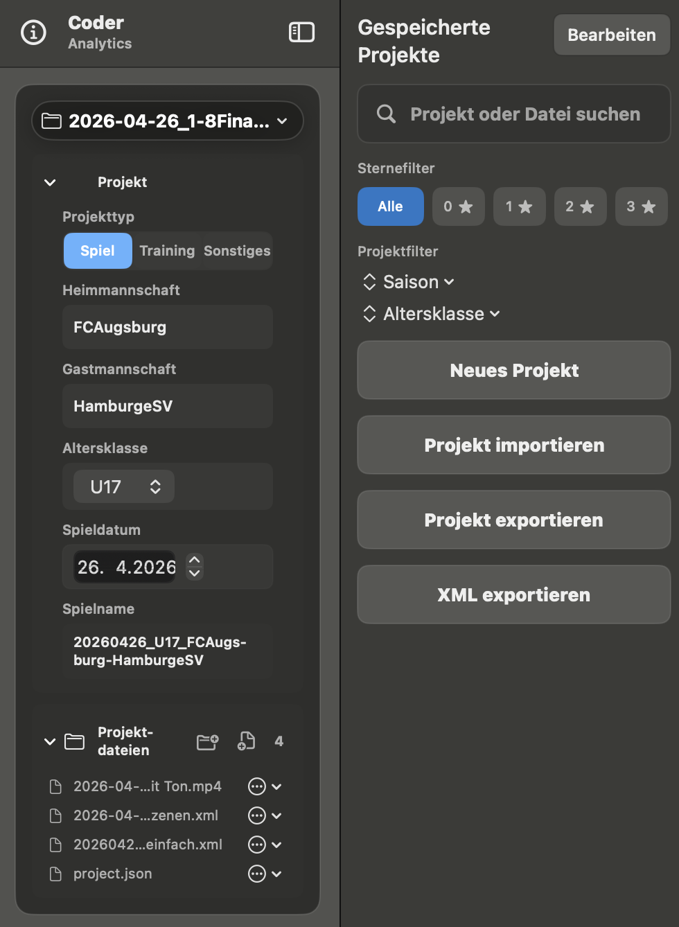 Coder Performance Projektverwaltung mit gespeicherten Projekten und Projektdateien