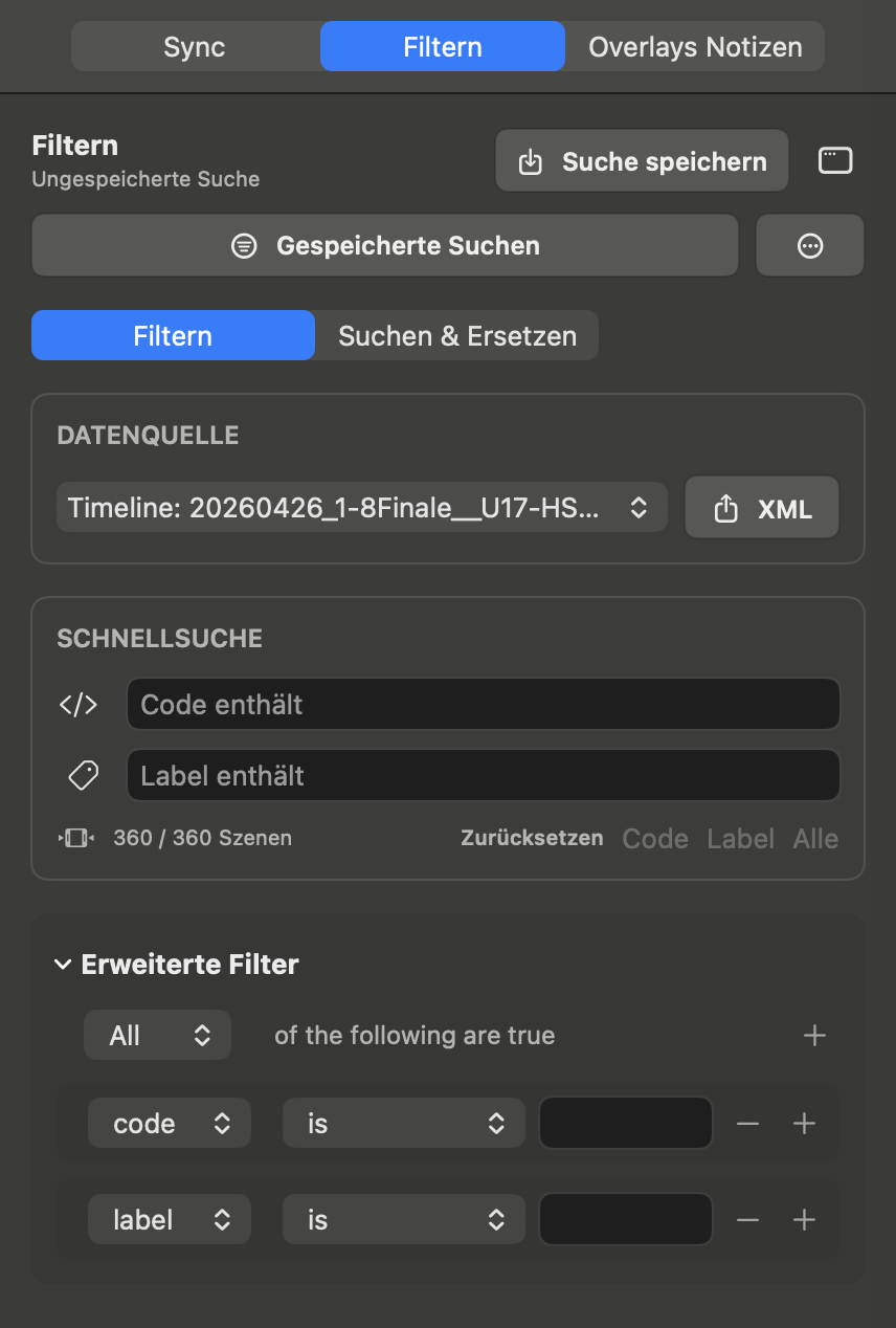 Coder Performance Filteransicht zum Finden gespeicherter Szenen